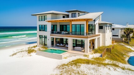 Obraz premium Stylish beach house with expansive windows, white sandy beach leading to crashing waves, ocean breeze and vibrant blue water, warm sunlight creating a serene ambiance. 