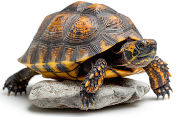 Fototapeta premium A vibrant tortoise with striking patterns perched on a smooth stone, showcasing its colorful shell and inquisitive expression.