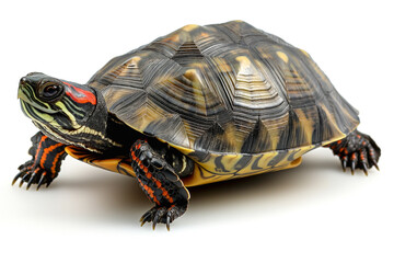Obraz premium Close-up of a colorful Red-eared Slider turtle showcasing rich patterns and vibrant colors.