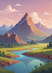 A scenic landscape painting capturing a tranquil river flowing through a picturesque green valley, framed by majestic mountains and vibrant clouds in the sky