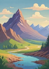 A serene mountainous landscape painting with a winding river flowing through a lush green meadow