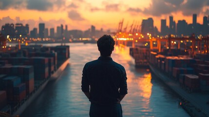 A figure stands silhouetted against a breathtaking sunset by the river, watching cargo ships and city lights emerge as night falls. The moment captures tranquility amidst urban energy