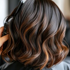 Naklejka premium Stylish woman using a hair dryer to perfectly style her hair in a bright and modern bathroom