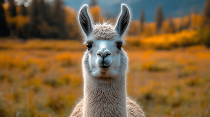 Obraz premium a close-up shot of a llama with a fluffy coat looking directly at the came