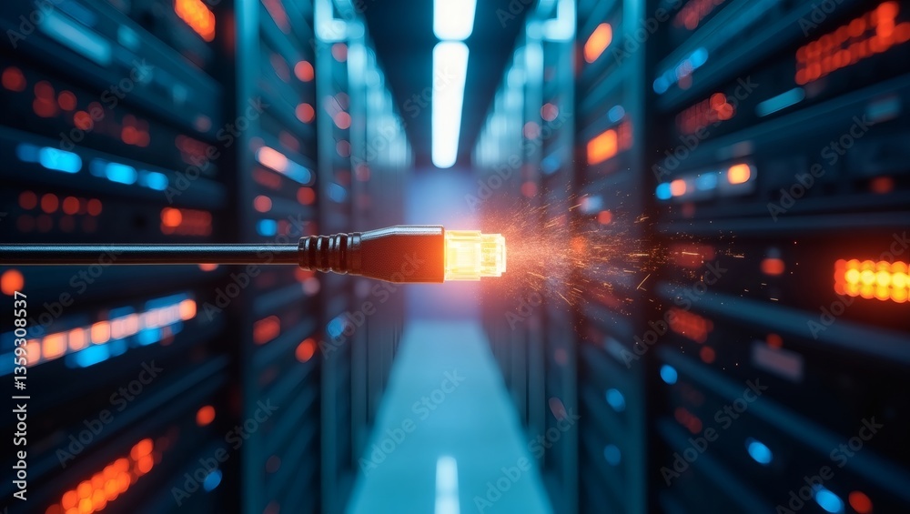Poster an ethernet cable transmitting data in a data center. A network cable with light coming out from it. Data transfer, Technology and communication concepts