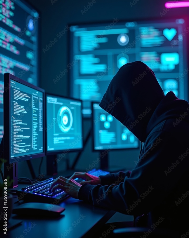 Aufkleber a hooded figure using a computer with multiple screens, likely engaged in hacking or coding. The scene is dimly lit, with the glow of the screens illuminating the room.