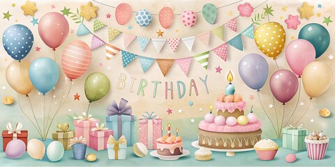 Celebrate joyfully with colorful balloons, delightful cakes, and vibrant decorations for a memorable birthday party business card, planner, diary, opening, letter wallpaper AI collage 