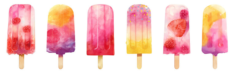 PNG Colorful watercolor popsicle illustration, element set on transparent background