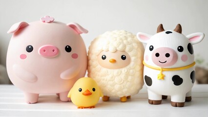 A cute kawaii farm animal set featuring a chubby pink pig, a fluffy sheep, a tiny chick, and a happy cow