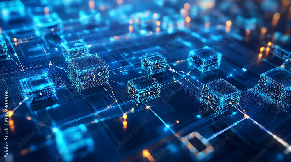 Poster info blocks, direction of data transfer. big data array in blockchain concept. 3d illustration hi-te