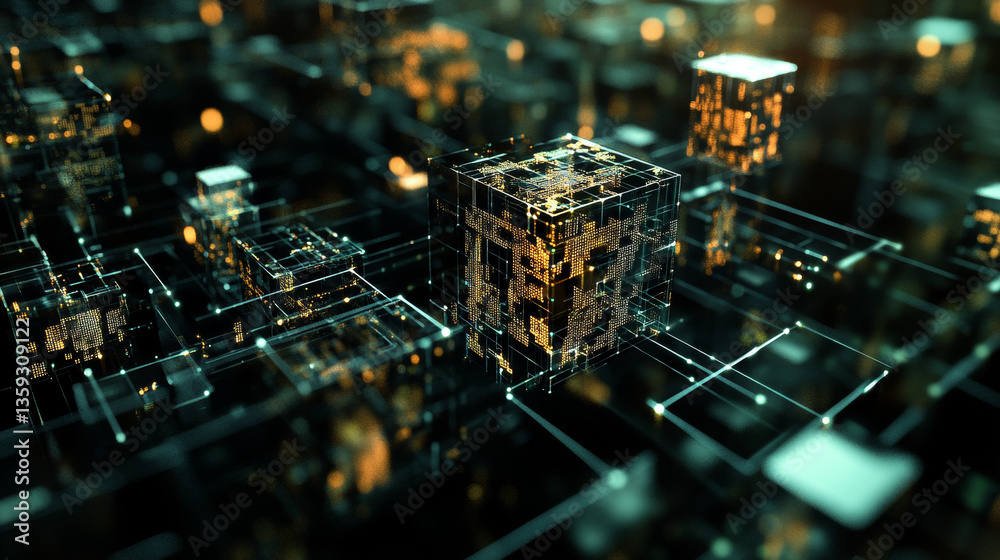Poster blockchain technology. blocks of information in a decentralized cyberspace. global flows of informat