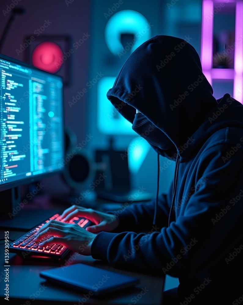 Poster a hooded hacker focused on a computer screen, the scene conveys a sense of intrigue and technological manipulation.