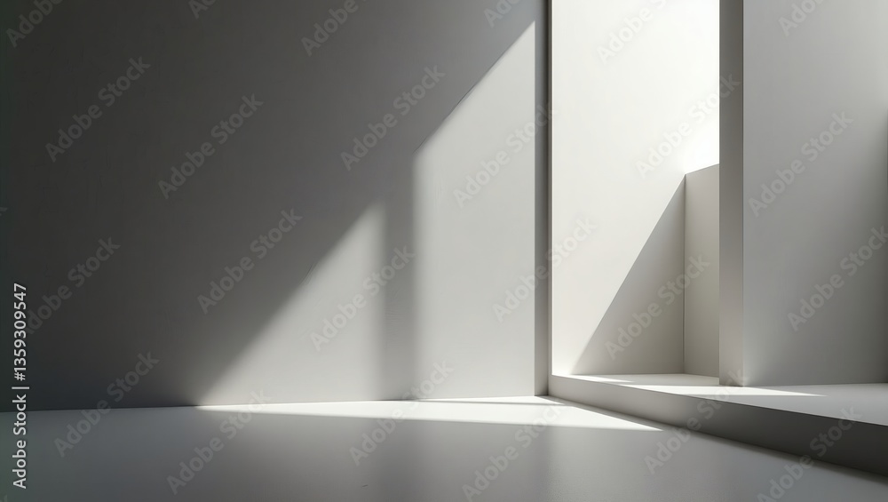 Poster geometric shapes with sunlight creating shadows on an interior wall, creating a play of light and sh