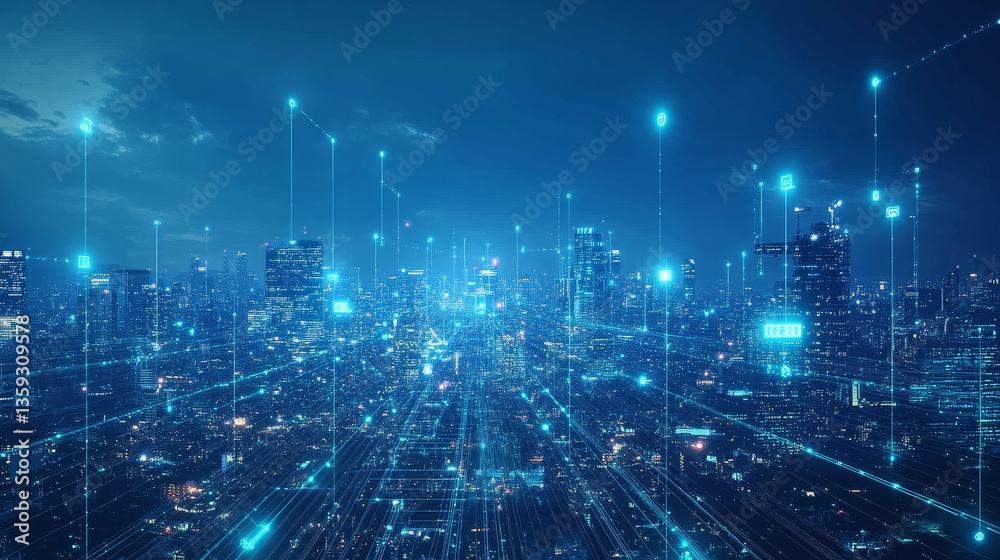 Poster digital city in hitech. circuit board and hardware 3d illustration. wireless internet technologies. 