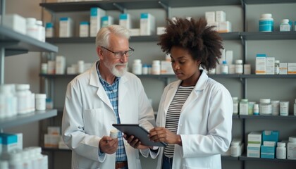 Obraz premium A young Black woman and an elderly White man, both in lab coats, engage in a focused discussion while examining a tablet in a well-ed pharmacy. The scene captures the essence of teamwork and knowledge