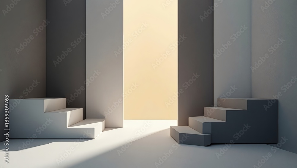 Poster minimalist architectural design featuring a set of stairs and the play of light and shadow, creating a sense of depth and geometry