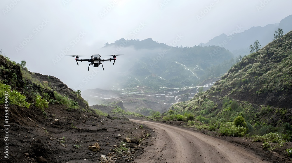Poster A drone equipped with Lidar technology flying over a rugged forested mountain landscape to analyze and map the terrain for landslide monitoring and geological research in a remote area