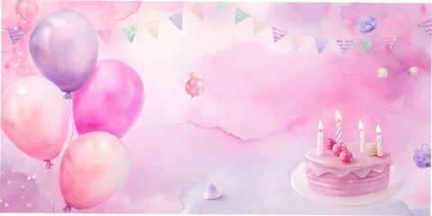 Delightful pastel celebration featuring a beautifully decorated cake, colorful balloons, and festive bunting in a soft, dreamy atmosphere business card, planner, diary, opening, letter wallpaper AI co
