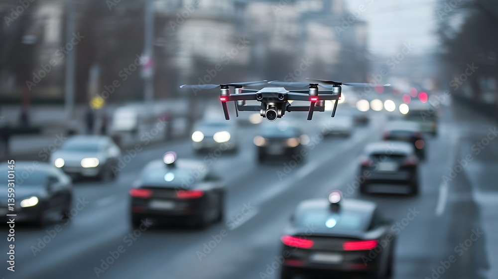 Leinwandbilder a drone flying overhead captures an aerial view of a bustling city street with multiple electric veh