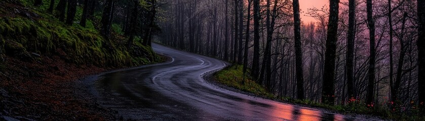Fototapeta premium A winding road travels through a dark and lush forest