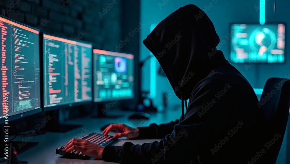Fototapete a hooded hacker working on multiple computer screens in a dimly lit room, typing intently and focusi