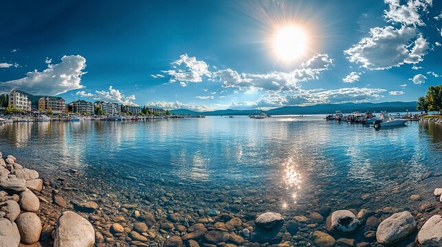 Summer view from Sandpoint City Beach Park, Lake Pend Oreille sparkling under sunlight, waterfront condos and resorts framed by marinas full of boats 