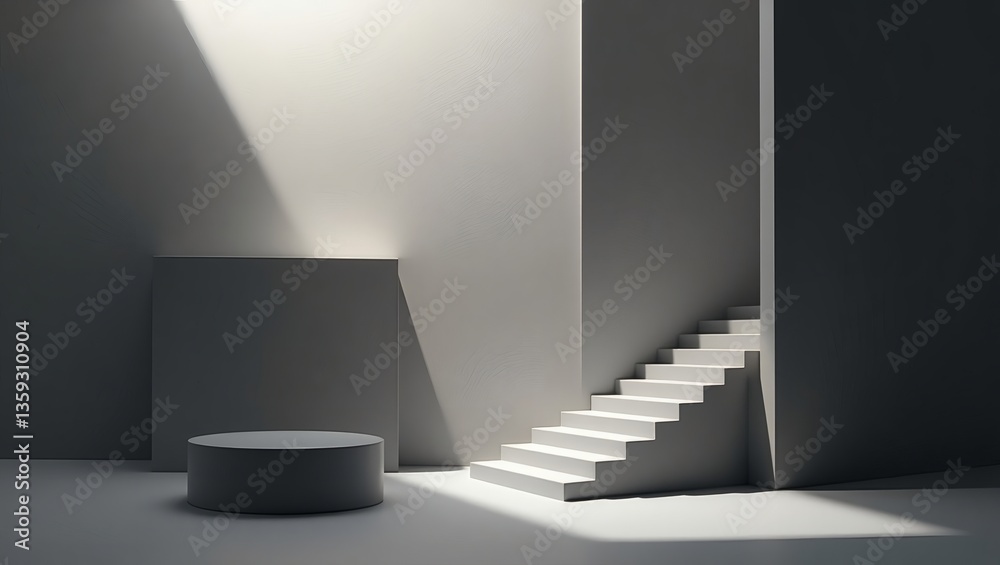 Poster a minimalist interior architectural with stairs, podium, and strong light. the scene features a simp