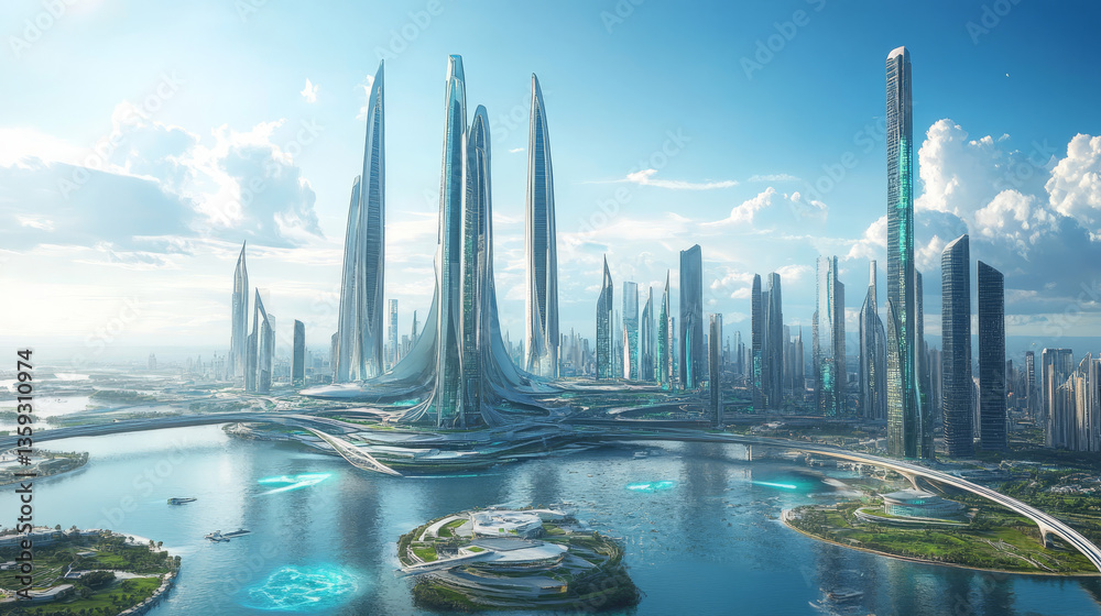 Poster digital city of future. global cyberspace. 3d illustration of wireless internet technologies. databa