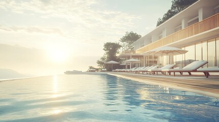 Fototapeta premium Sunlit coastal escape, white beach hotel with infinity pool, sunbeds aligned on wooden sundeck, ocean waves shimmering 