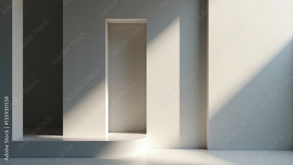 Poster minimalist geometric design, light and shadow interplay, creating a sense of depth and perspective