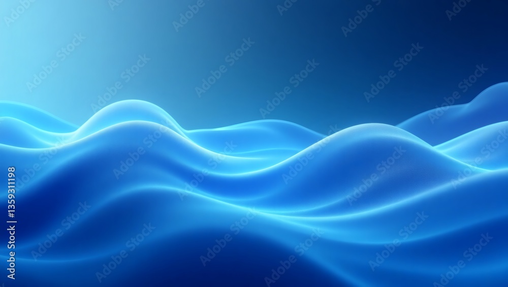 Poster a smooth, flowing, and visually appealing rendering of ocean waves in shades of blue, creating a serene and calming atmosphere