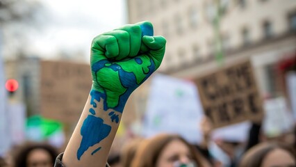 Environmental Activism Justice Concept, A raised fist painted with a globe symbolizes climate activism at a protest.