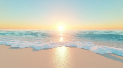 Obraz premium Sunrise beachscape, golden sand glowing under soft light, pastel horizon blending with azure sky, tranquil waves 