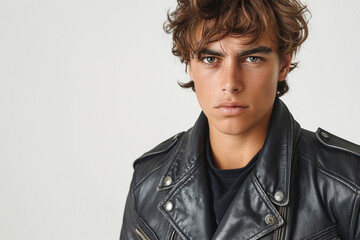 Obraz premium Young Caucasian male model with tousled hair wearing a black leather jacket, exuding a confident and edgy vibe.