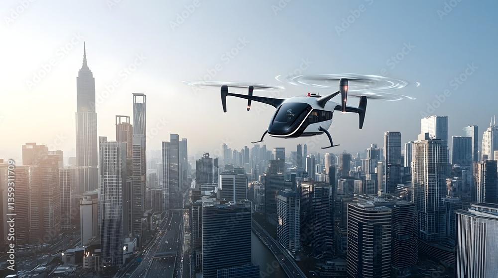 Fototapete a futuristic aerial vehicle hovers above a modern city skyline utilizing advanced lidar sensors for 
