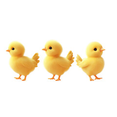 Fototapeta premium Three adorable yellow chicks huddled together creating a cute and playful scene full of life and joy white isolate background