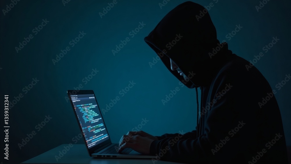 Poster a mysterious hooded figure intently working on a laptop, the glow of the screen illuminating their f