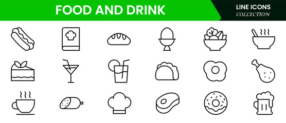 Fototapeta premium Food and drink web icons in line style. Meal, restaurant, dishes, fruits, fastfood, burger, pizza, coffee, sandwich, collection. Vector illustration.