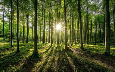 Obraz premium Sunlight streams through a dense forest of tall trees casting long shadows on the green forest floor