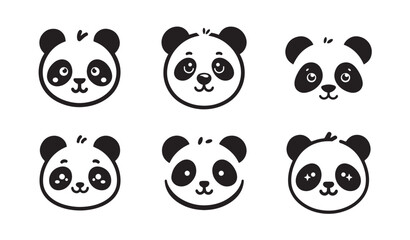 Fototapeta premium Cute adorable panda face silhouette logo icon isolated on white background, bundle 