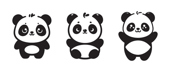 Cute adorable panda silhouette logo icon isolated on white background, bundle set © Cretovi