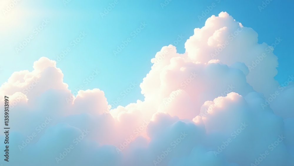 Poster a tranquil and picturesque view of fluffy clouds in a vibrant blue sky. the clouds are illuminated b