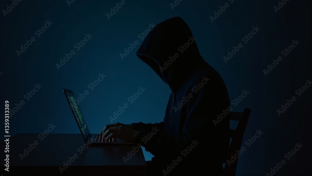 Poster silhouette of a hooded person focused on a laptop screen in a dim setting, suggesting a hacker or a 