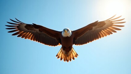 Obraz premium a majestic bald eagle soaring through the bright blue sky. The eagle's wings are spread wide as it flies, and the sunlight shines on its feathers.