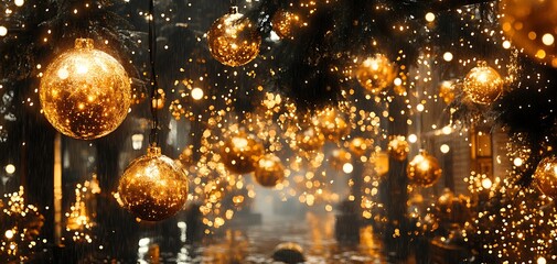 Obraz premium Golden orbs cascade in rainy celebration, illuminating the winter city