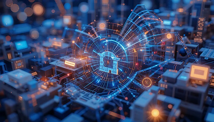 Digital space combines fractal binary data with circuit patterns, a science-driven technology design