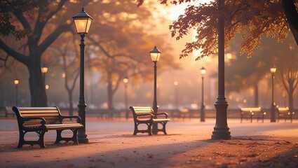 Morning in a City Park, Bare Trees, Fallen Leaves, Street Lamps, and Wooden Benches Along a Scenic Walking Path
