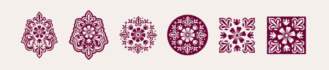 Floral ornamental vector motifs. Elegant hand drawn decorative illustration set. Radial pattern, tile, symbol, flourishes in traditional style. Isolated elements.