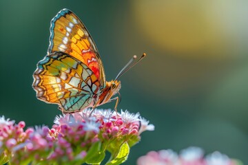 Obraz premium A colorful butterfly perched on vibrant pink flowers, showcasing its intricate wing patterns in soft daylight.