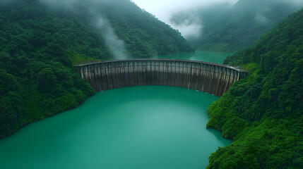 Obraz premium A Concrete Wall in the Mist: A monumental concrete dam spans a wide valley filled with turquoise water. The scene is shrouded in a light mist.